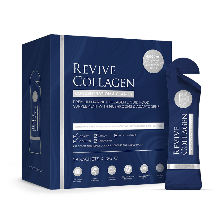 Revive Collagen Concentration & Clarity Functional Mushroom & Adaptogen Blend with 6,000mg of Type 1 Hydrolysed Marine Collagen 28 x 22g Sachets.